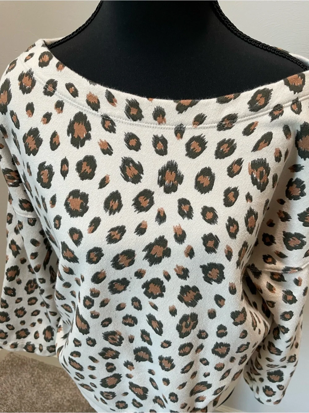 J. Crew Off-Shoulder Leopard Print Sweatshirt in White and Brown